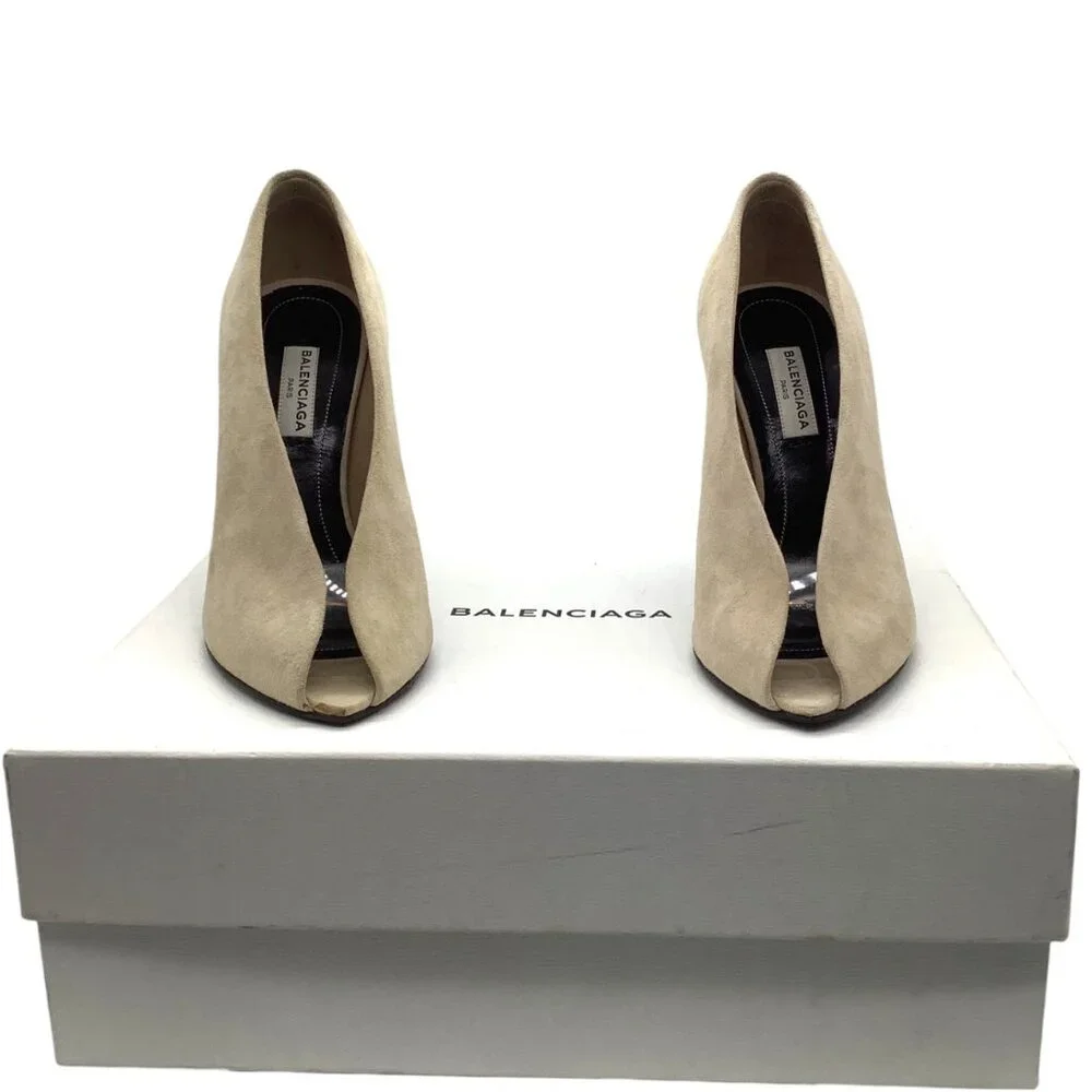 BALENCIAGA Split Vamp Stiletto Pumps 36 6 Booties Peep Toe Suede Neutral Beige